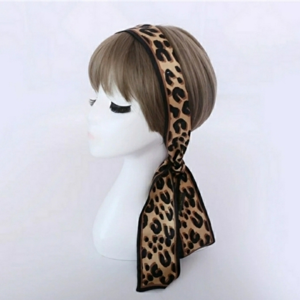 Silver Leopard print Silk Skinny Scarf Twilly - Picture 7 of 8